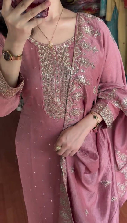 Fantastic Pink Color Chinon Silk With Embroidery Sequence Work Salwar Suit By WTW