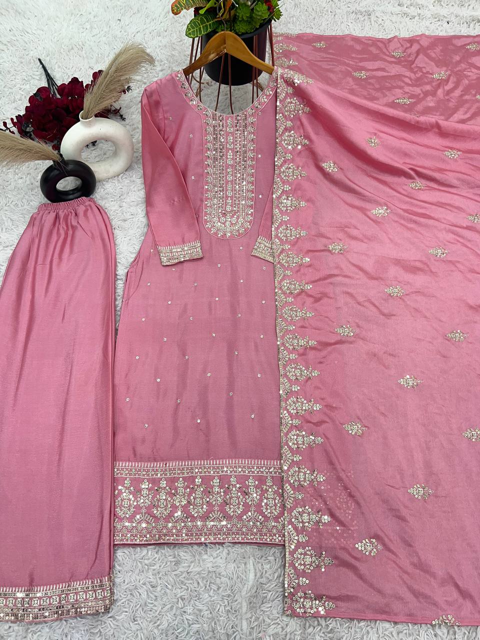 Fantastic Pink Color Chinon Silk With Embroidery Sequence Work Salwar Suit By WTW