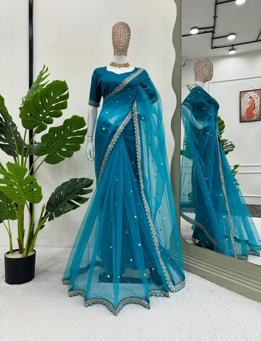 Sky Blue Soft Net Cording Work Saree With Blouse By WTW