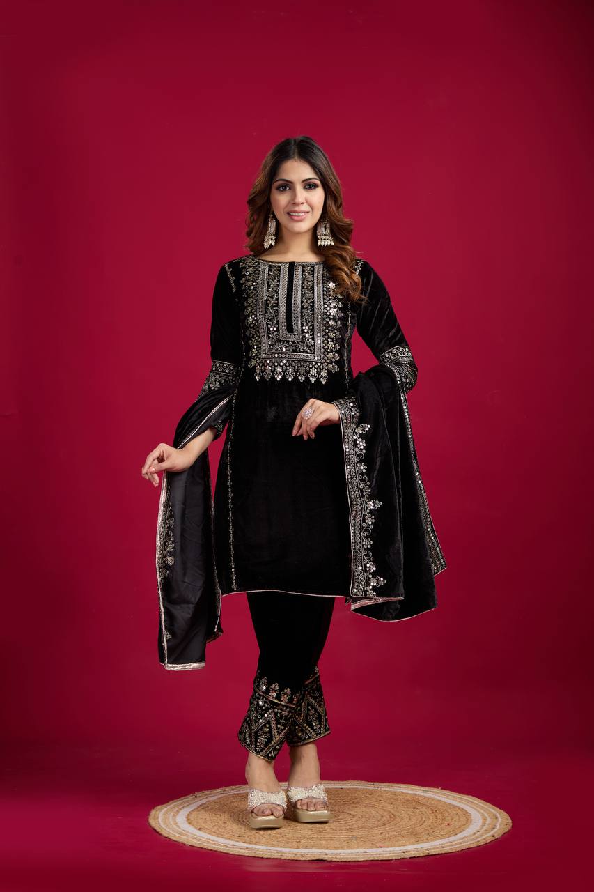 Black Embroidered Velvet Straight Kurta With Trousers & Dupatta By WTW