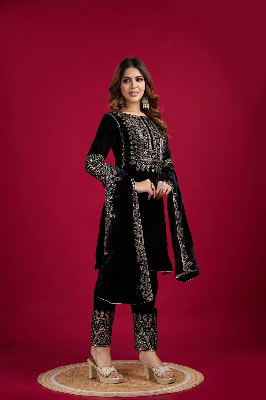 Black Embroidered Velvet Straight Kurta With Trousers & Dupatta By WTW