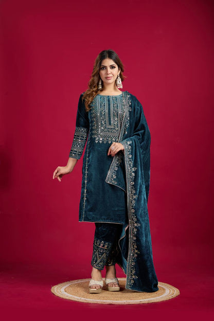 Rama Blue Viscose Velvet Sequence Embroidery Work Salwar Suit By WTW