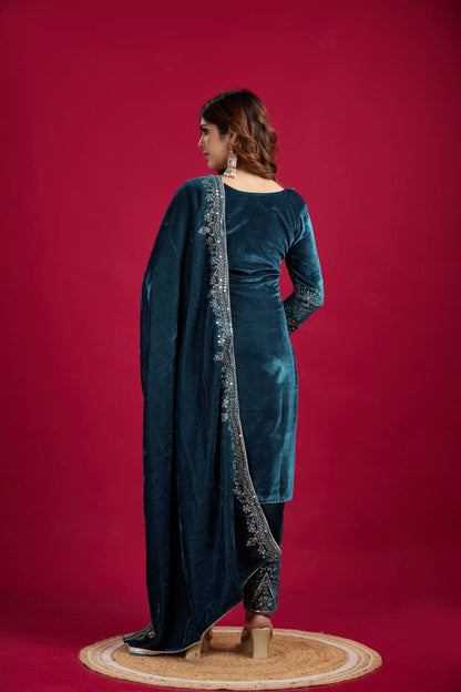 Rama Blue Viscose Velvet Sequence Embroidery Work Salwar Suit By WTW