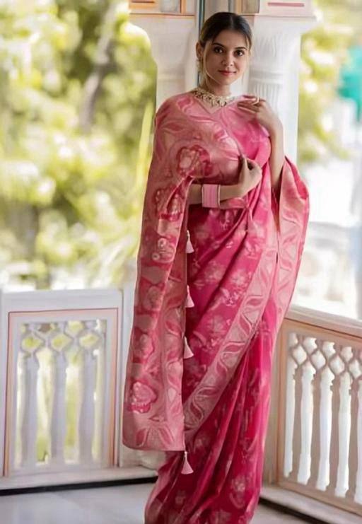 Pink Color Pure Banarasi Golden Zari Weaving And Soft Silk Saree By WTW