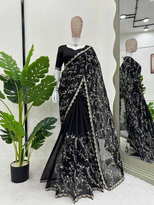 Black Heavy Tibby Silk Sequence Work Saree With Blouse By WTW