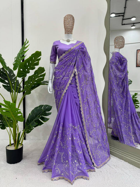 Lavender Heavy Tibby Silk Sequence Work Saree With Blouse By WTW