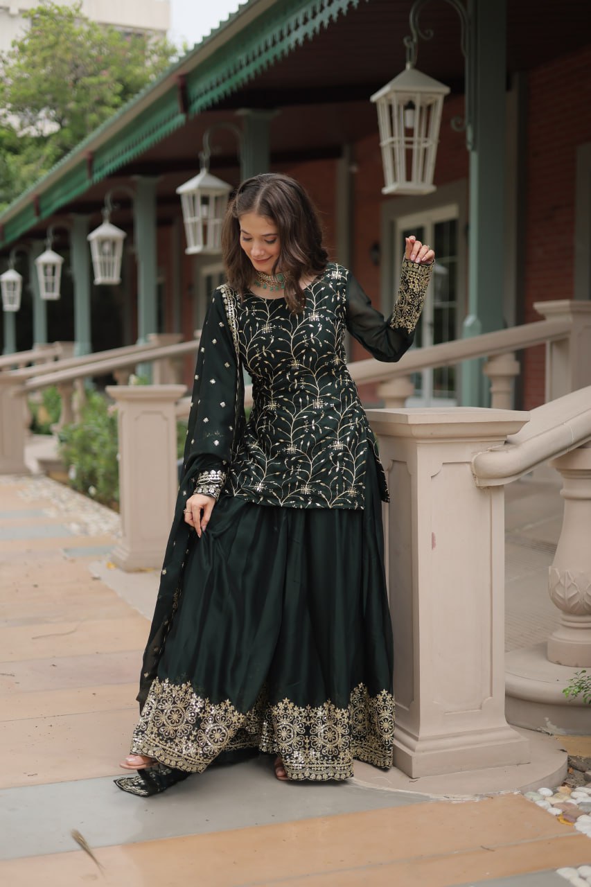 Dark Green Color Rangoli Silk Embroidered Plazzo Suit By WTW