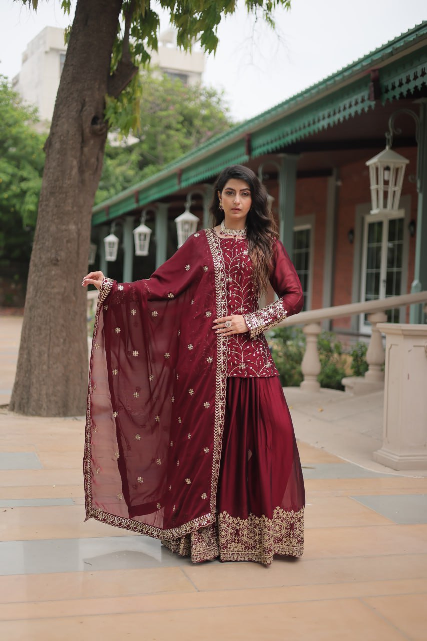 Maroon Color Rangoli Silk Embroidered Plazzo Suit By WTW