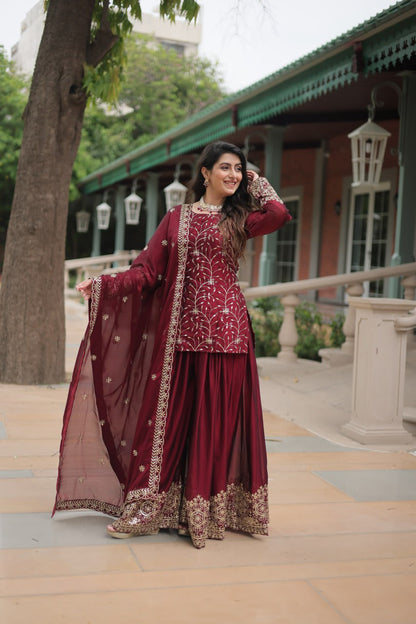 Maroon Color Rangoli Silk Embroidered Plazzo Suit By WTW