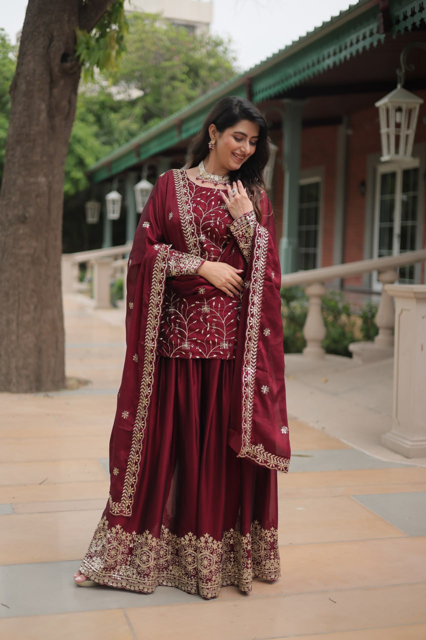 Maroon Color Rangoli Silk Embroidered Plazzo Suit By WTW