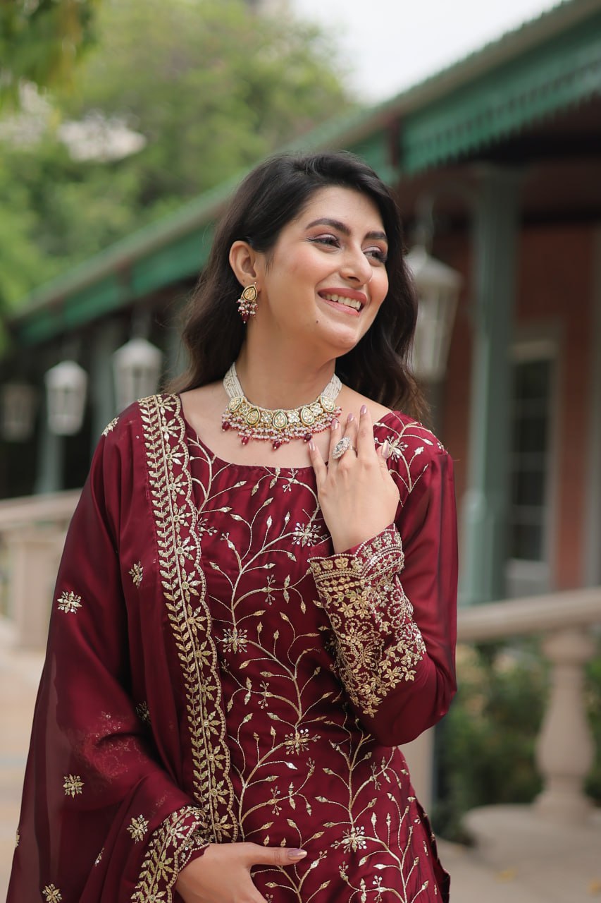 Maroon Color Rangoli Silk Embroidered Plazzo Suit By WTW