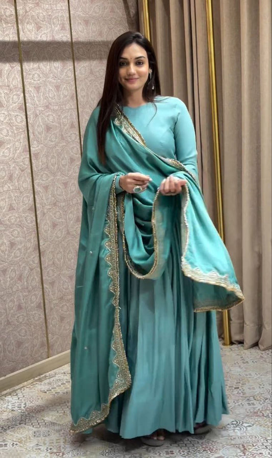 Sea Green Colour Designer Sequence Work Long Wedding Wear Gown By WTW