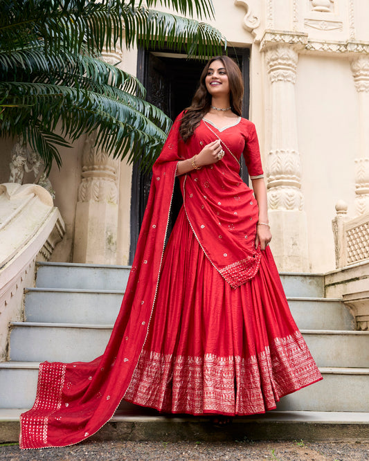 Chanderi Red Bela Lehenga Choli By WTW