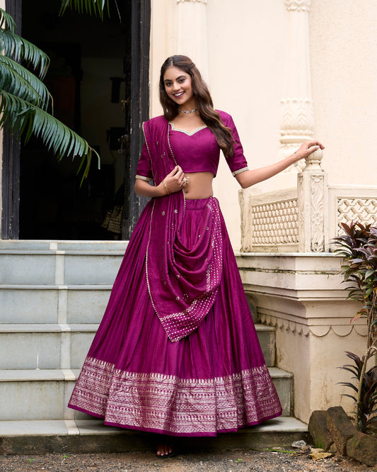 Wine Color Plain With Zari Weaving Work Chanderi Lehenga Choli By WTW