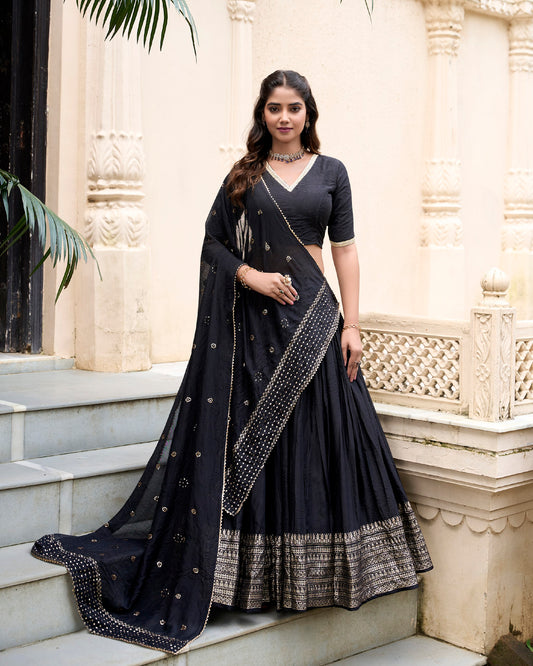 Black Color Sequins And Thread Embroidery Work Georgette Lehenga Choli By WTW