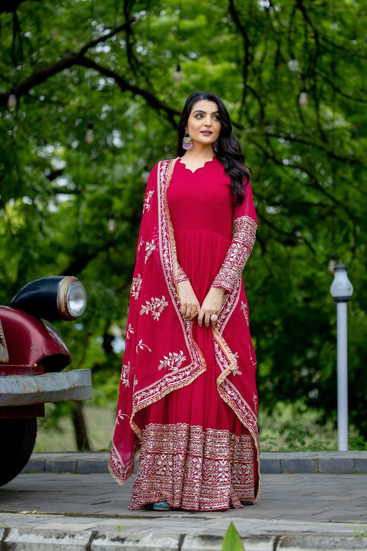 Good Looking Red Color Sequence Work Gown With Dupatta By WTW