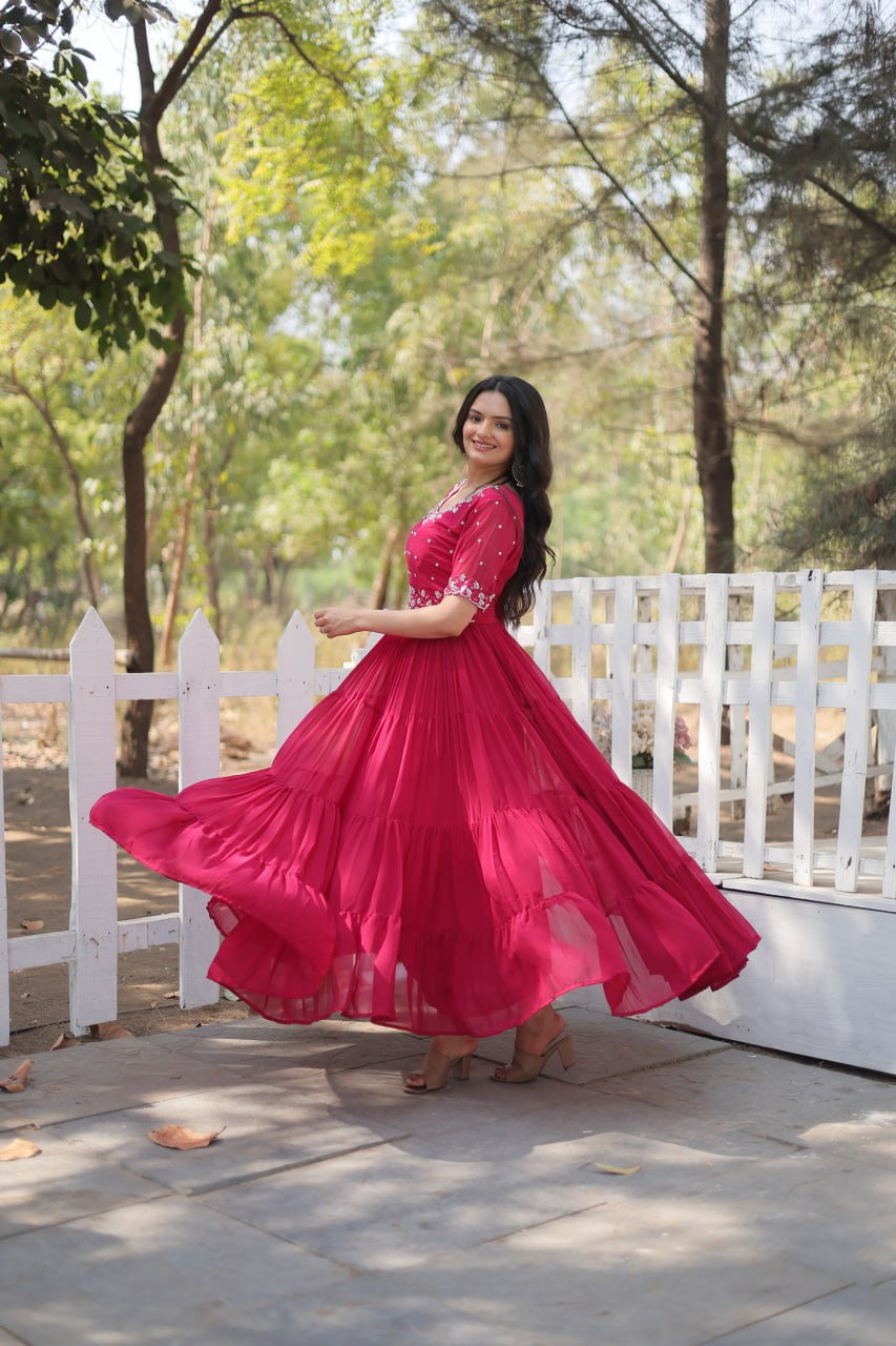 Pink Zari Embroidered Georgette Gown By WTW