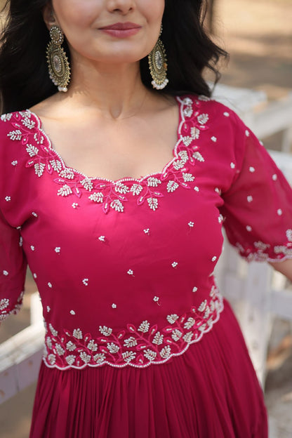 Pink Zari Embroidered Georgette Gown By WTW