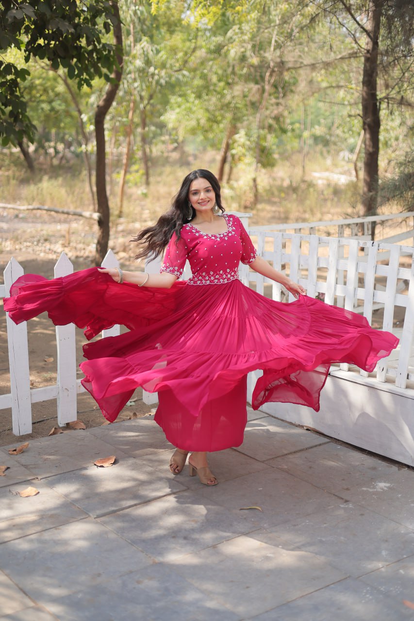 Pink Zari Embroidered Georgette Gown By WTW