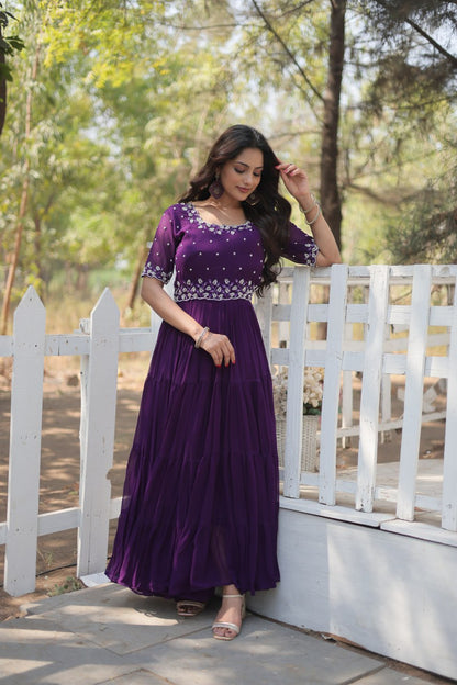 Purple Sequin Embroidered Faux Georgette Gown By WTW