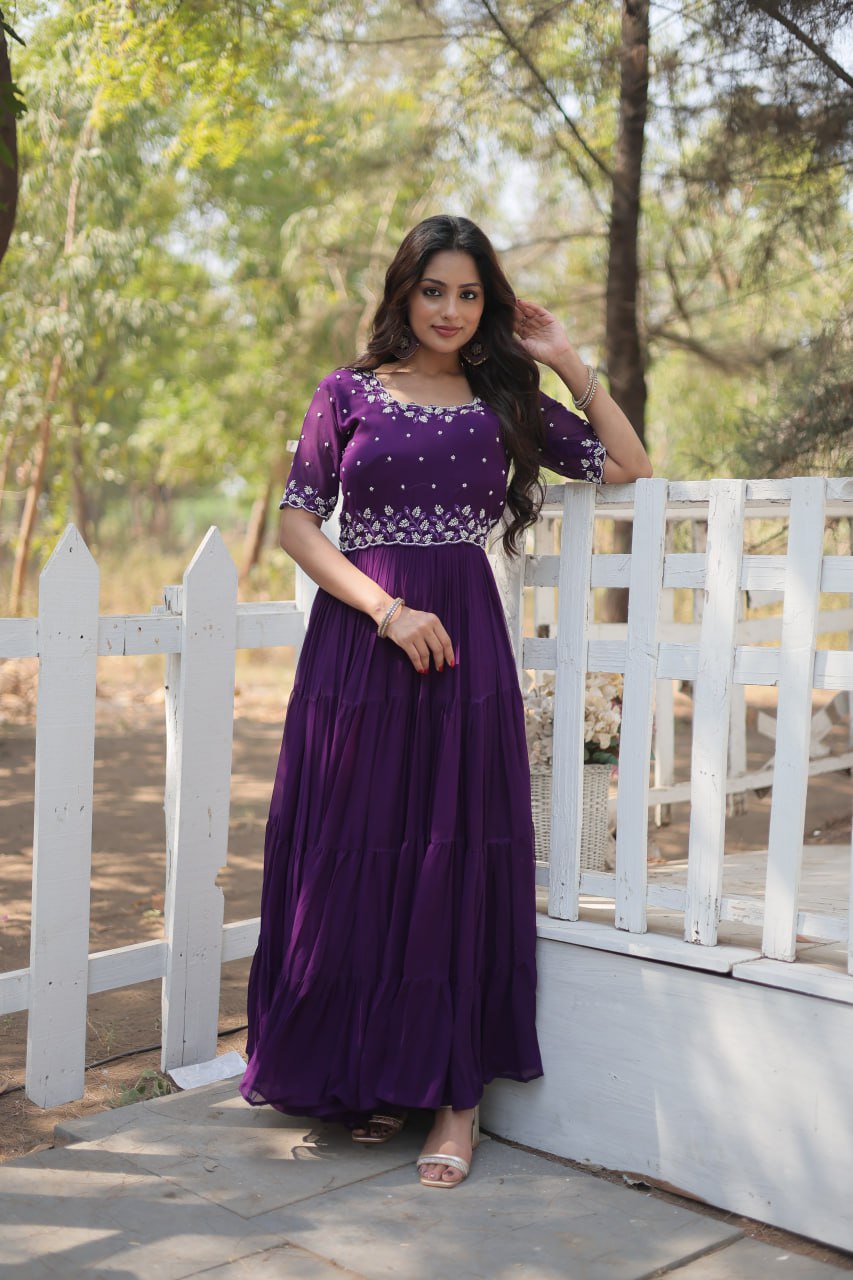 Purple Sequin Embroidered Faux Georgette Gown By WTW