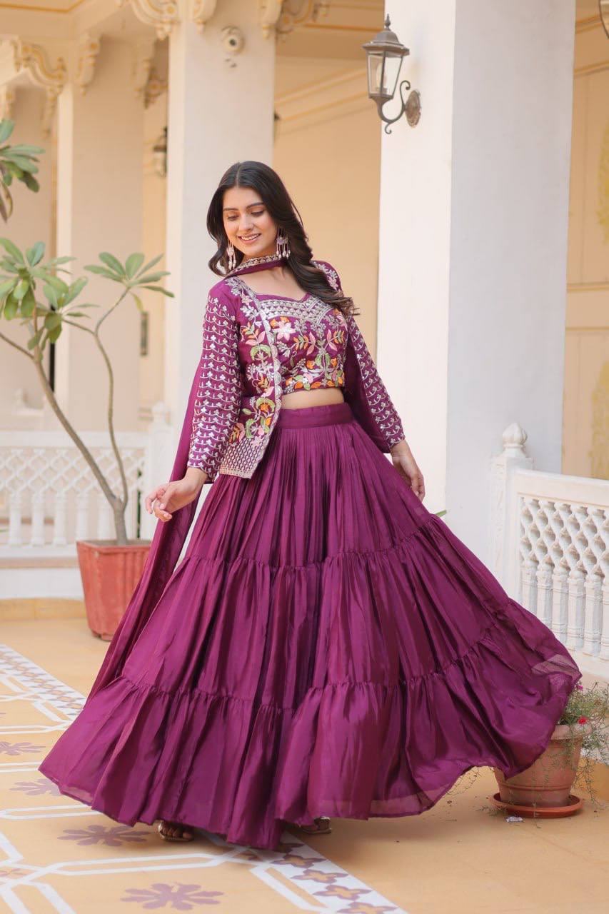 Maanvi Purple Chinon Embroidered Lehanga Choli With Koti Set By WTW