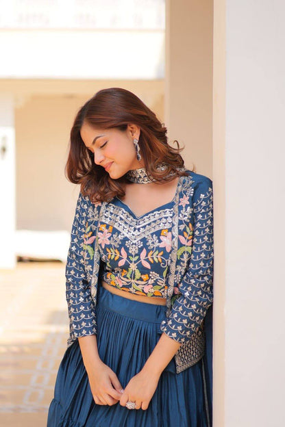 Blue Embroidered Jacket Style Lehenga Choli By WTW