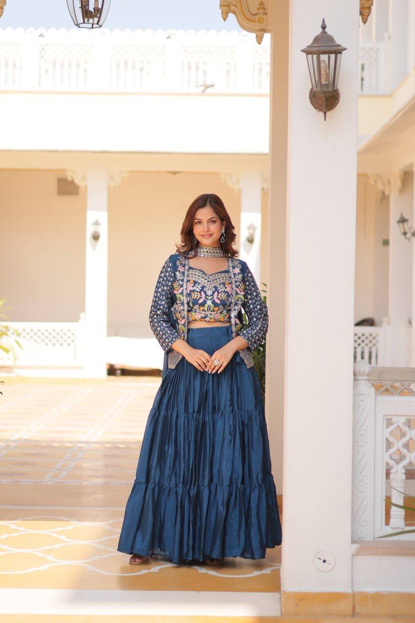 Blue Embroidered Jacket Style Lehenga Choli By WTW