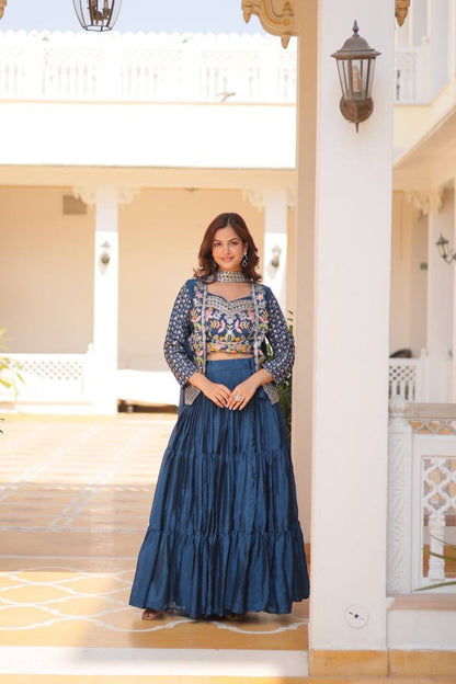 Blue Embroidered Jacket Style Lehenga Choli By WTW