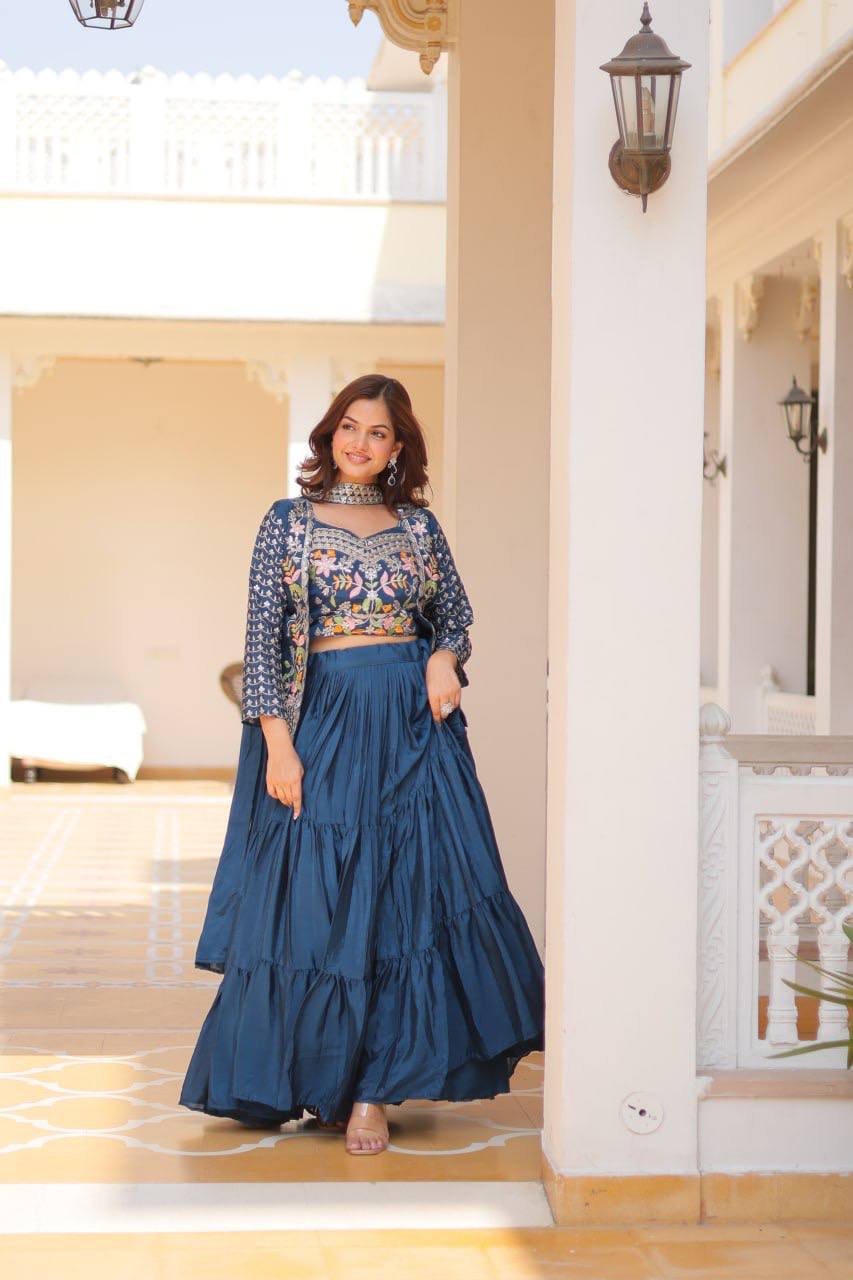 Blue Embroidered Jacket Style Lehenga Choli By WTW