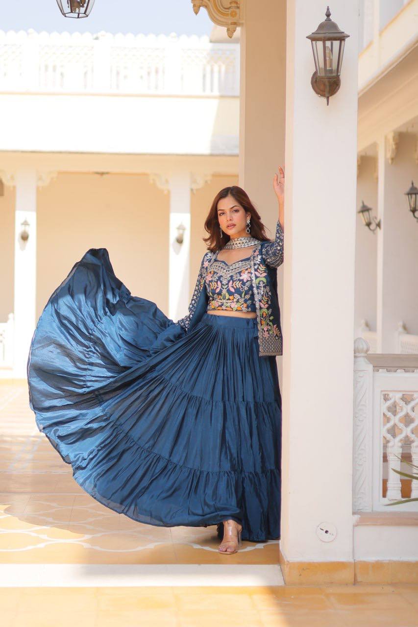 Blue Embroidered Jacket Style Lehenga Choli By WTW