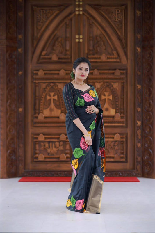 Pretty Black Soft Silk Saree With Beautiful Blouse By WTW