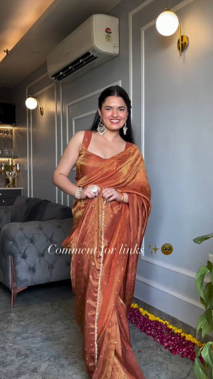 Burnt Orange Chimar Tissue Silk Mukaish Work Saree By WTW