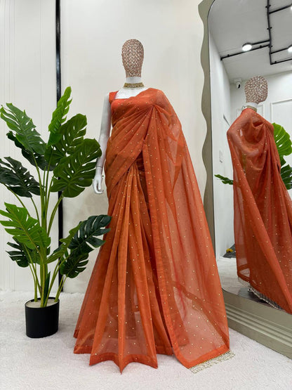 Burnt Orange Chimar Tissue Silk Mukaish Work Saree By WTW