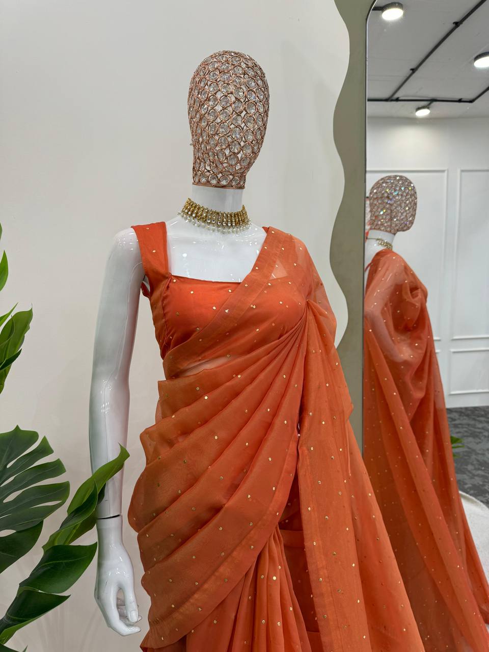 Burnt Orange Chimar Tissue Silk Mukaish Work Saree By WTW