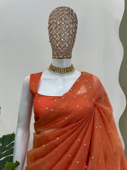 Burnt Orange Chimar Tissue Silk Mukaish Work Saree By WTW