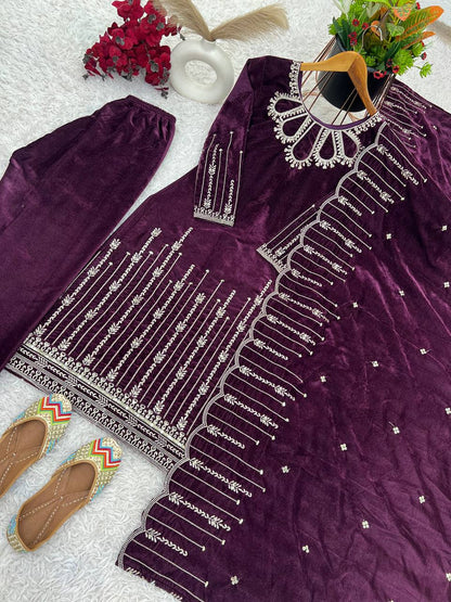 Purple Color Eid Salwar Suit With Embroidery Work In Velvet Suit By WTW