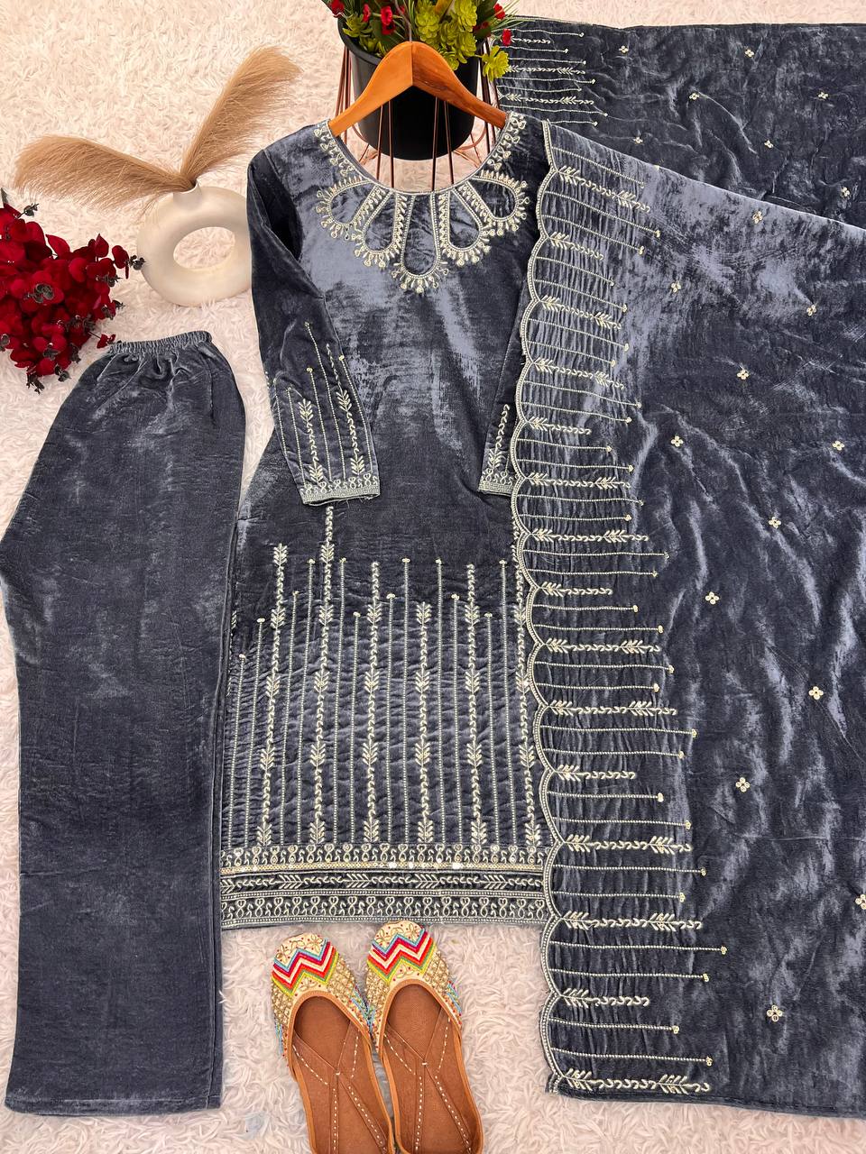 Grey Color Eid Salwar Suit With Embroidery Work In Velvet Suit By WTW