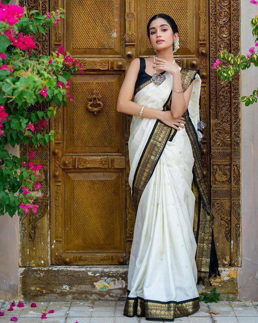 Women's White & Black Kanjivaram Pure Zari Woven Soft Silk Saree By WTW