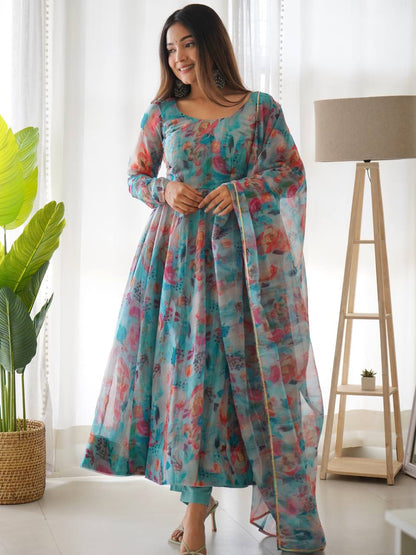 Floral Printed Tabby Organza Anarkali Kurta And Dupatta By WTW