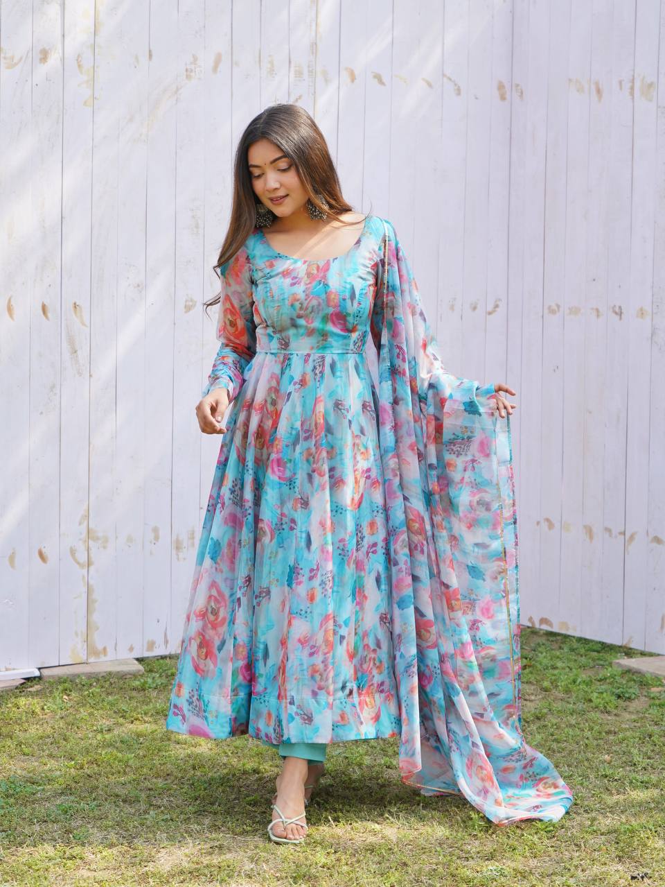 Floral Printed Tabby Organza Anarkali Kurta And Dupatta By WTW