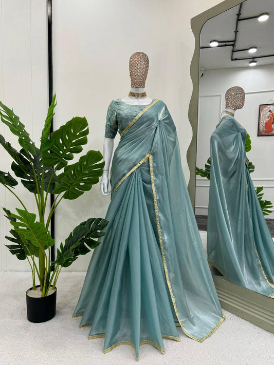 Light Firozi Blue Shimmery Tissue Silk Designer Saree By WTW