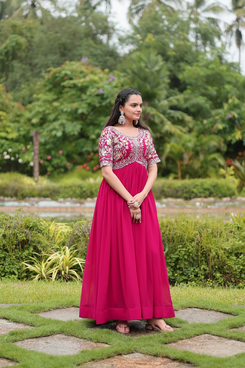 Pink Zari Sequin Embroidered Faux Blooming Gown BY WTW