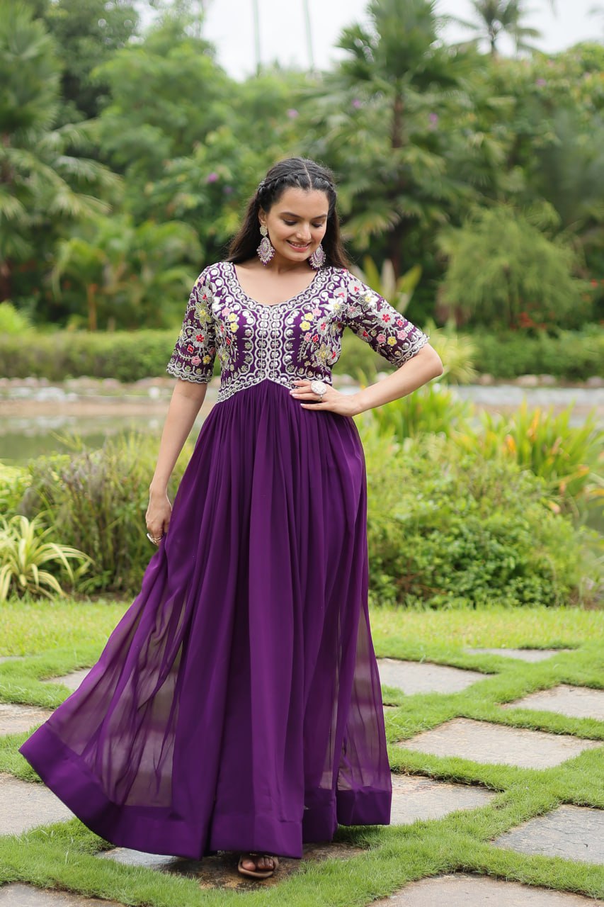 Embroidered Georgette Gown In Purple By WTW