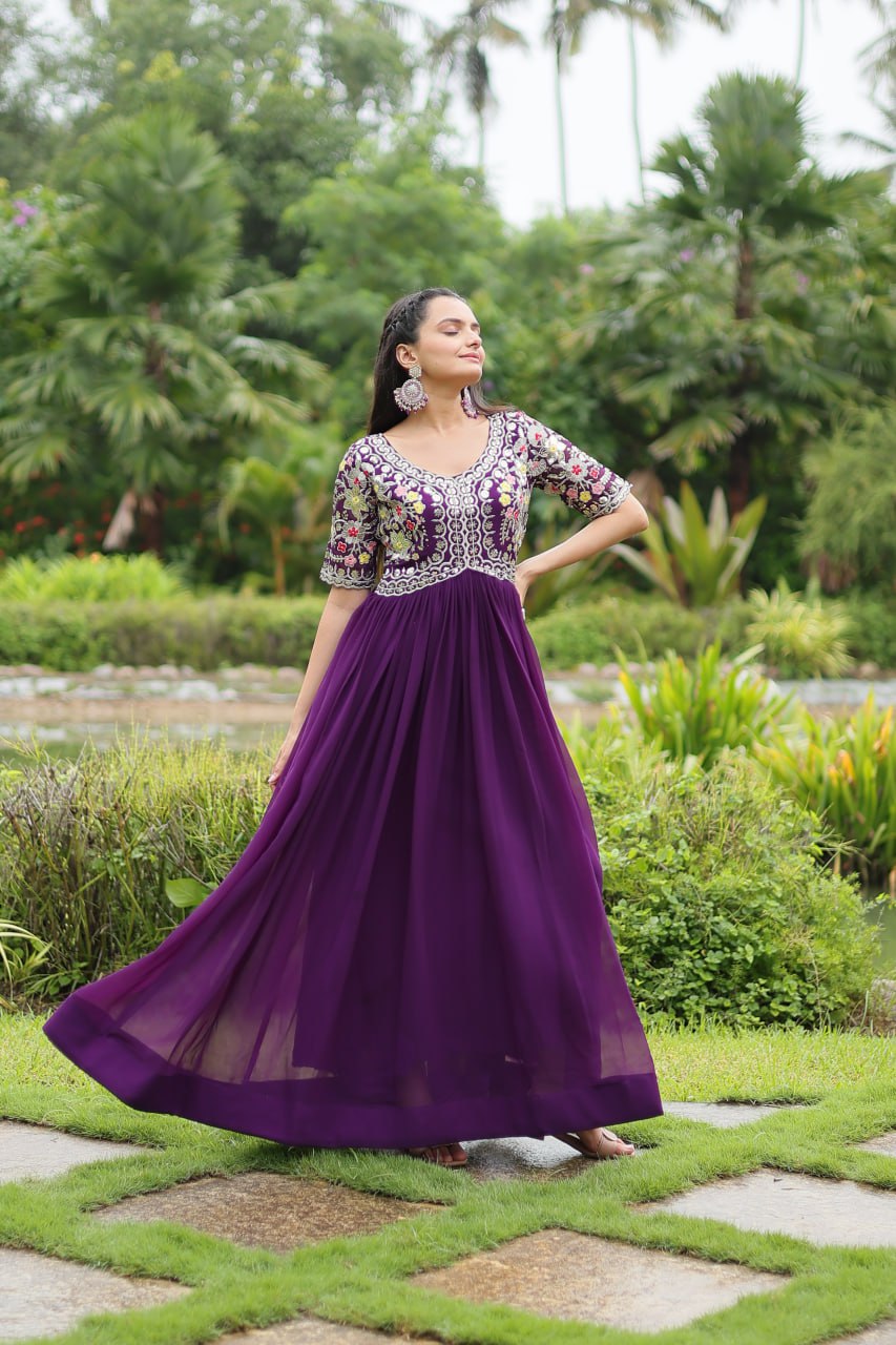 Embroidered Georgette Gown In Purple By WTW