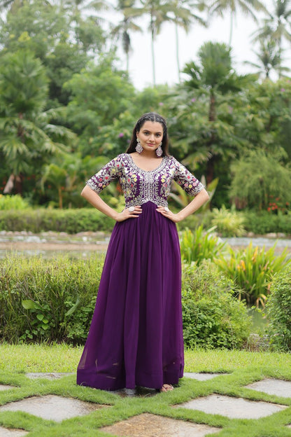 Embroidered Georgette Gown In Purple By WTW