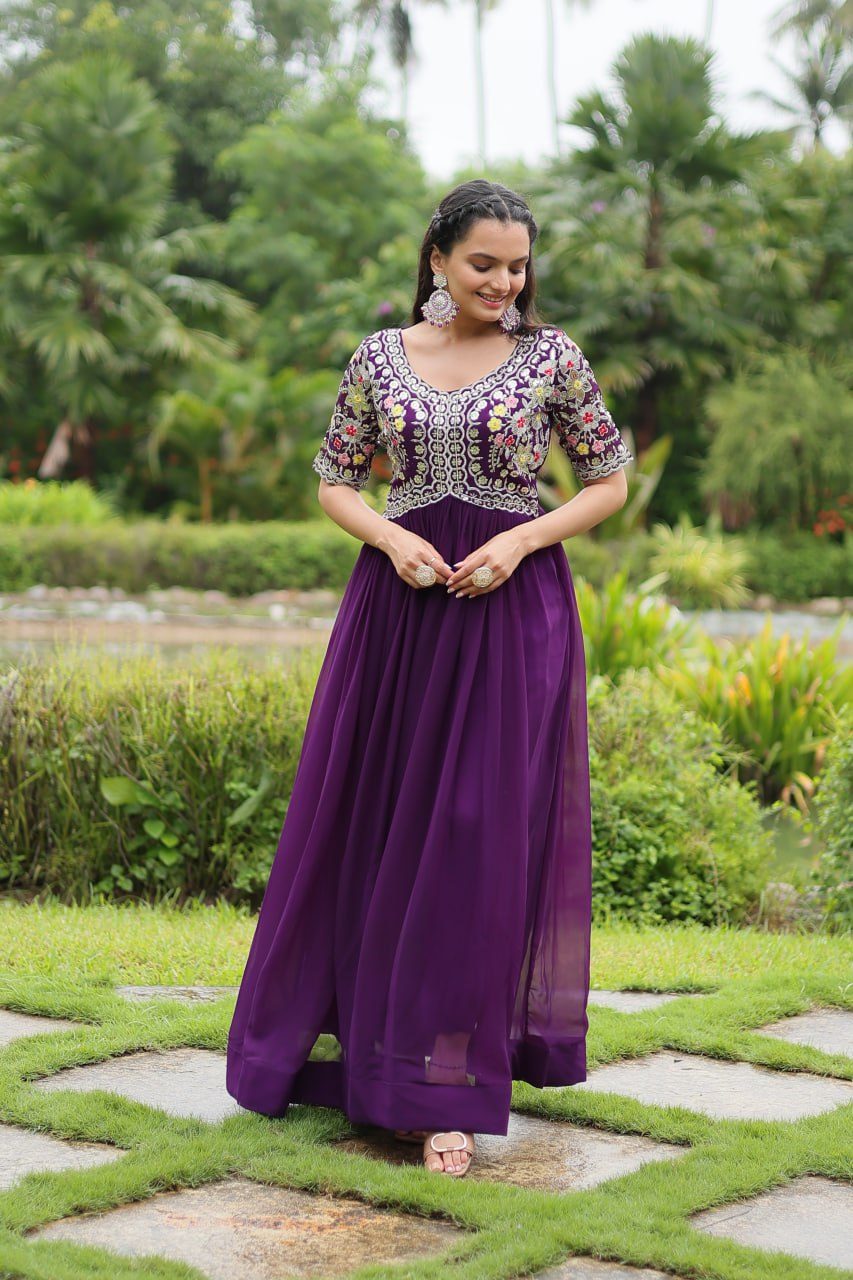 Embroidered Georgette Gown In Purple By WTW