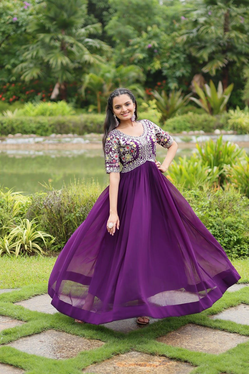 Embroidered Georgette Gown In Purple By WTW