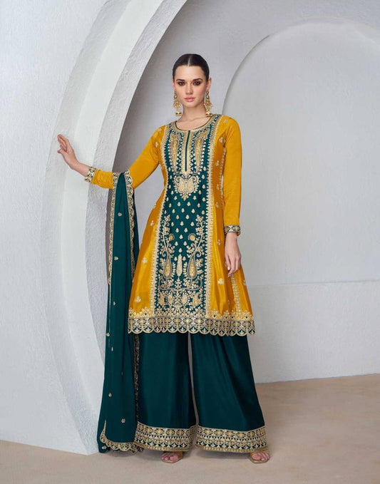 Mustard Yellow And Dark Green Embroidered Chinnon Silk Palazzo Suit By WTW