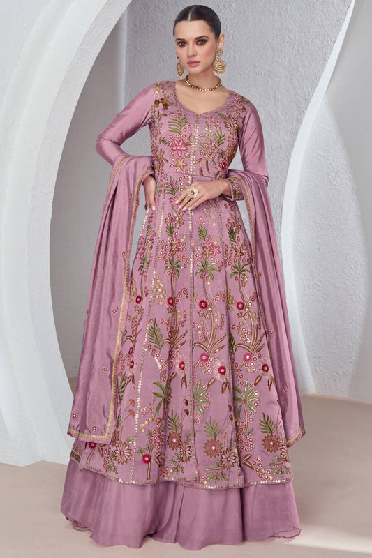 Mauve Silk Diwali Anarkali Lehenga Embossed With Sequins And Embroidery Party Wear By WTW